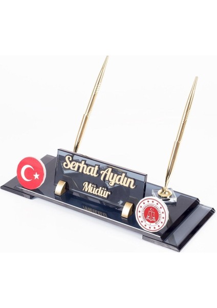 Luxury Adalet Bakanlığı Logolu Türk Bayraklı Masa Isimliği Bayrak Logolu Elit Kristal Ofis Masaüstü Isimlik 1 Adet