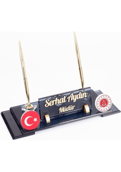 Luxury Adalet Bakanlığı Logolu Türk Bayraklı Masa Isimliği Bayrak Logolu Elit Kristal Ofis Masaüstü Isimlik 1 Adet