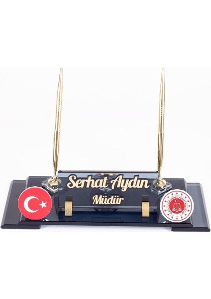 Luxury Adalet Bakanlığı Logolu Türk Bayraklı Masa Isimliği Bayrak Logolu Elit Kristal Ofis Masaüstü Isimlik 1 Adet