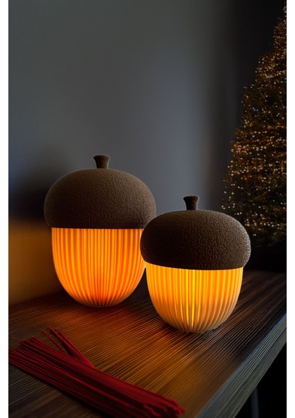 Luxury Dekoratif Işıklı Meşe Palamudu Biblo Seti, 2li Kutu Dekorasyon Objesi, Tealight LED Mumlu 15CM-10CM 1 Adet