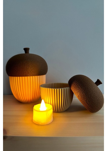 Luxury Dekoratif Işıklı Meşe Palamudu Biblo Seti, 2li Kutu Dekorasyon Objesi, Tealight LED Mumlu 15CM-10CM 1 Adet