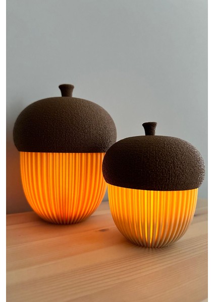 Luxury Dekoratif Işıklı Meşe Palamudu Biblo Seti, 2li Kutu Dekorasyon Objesi, Tealight LED Mumlu 15CM-10CM 1 Adet