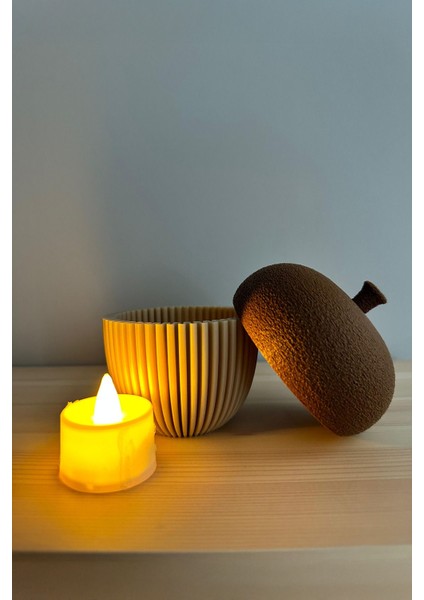 Luxury Dekoratif Işıklı Meşe Palamudu Biblo Seti, 2li Kutu Dekorasyon Objesi, Tealight LED Mumlu 15CM-10CM 1 Adet