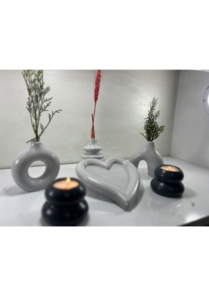 Luxury Hobincan Kalpli Tasarım Dekoratif Minimal Vazo Set, Mumluk 1 Adet