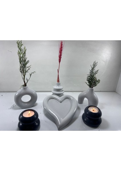Luxury Hobincan Kalpli Tasarım Dekoratif Minimal Vazo Set, Mumluk 1 Adet