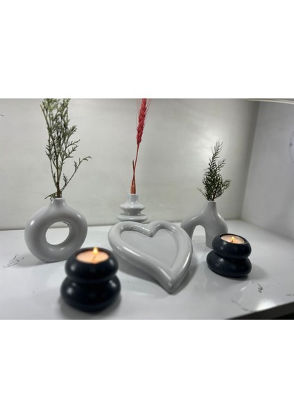 Luxury Hobincan Kalpli Tasarım Dekoratif Minimal Vazo Set, Mumluk 1 Adet
