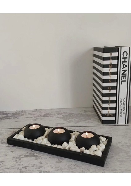 Luxury Dekoratif Siyah Renk Tabaklı 3'lü Mumluk Set(Mumlar Taşlar Dahildir) 1 Adet