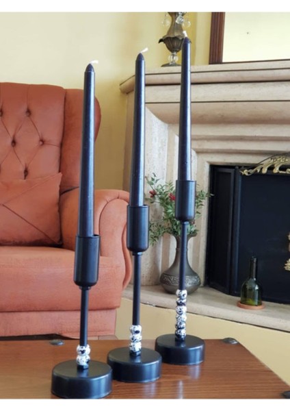 Luxury Üçlü Sıralı Siyah Metal Mumluk Megalit 1 Adet
