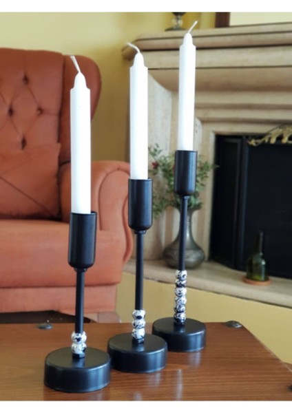 Luxury Üçlü Sıralı Siyah Metal Mumluk Megalit 1 Adet