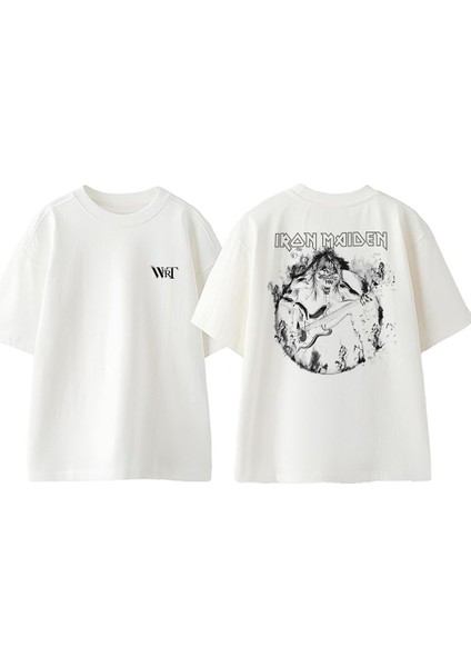 Iron Maiden 1 Tasarım Sırt Baskılı Pamuk Beyaz Oversize T-Shirt