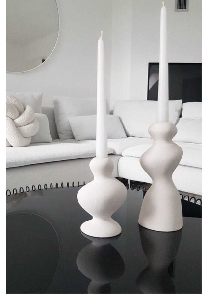 Luxury Dekoratif Beton Şamdan Asimetrik Kısa Uzun ‘li Şamdan Mumluk Ev Dekorasyon Ofis 2 Li 1 Adet