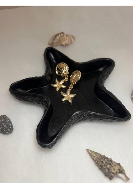 Luxury Siyah Deniz Yıldızı Sunumluk, Deniz Yıldızı Tabağı, Mumluk, Dekoratif Obje, Siyah Deniz Yıldızı 1 Adet