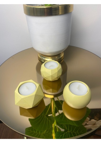 Luxury Concrete Desıgn Tealight Dekoratif 3'lü Mum Seti - Sarı 1 Adet