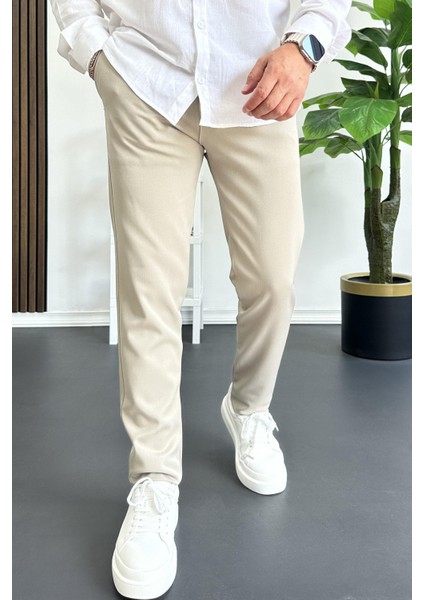 Erkek Beli Düğmeli Pamuklu Dar Kalıp Pantolon Bej EDW364