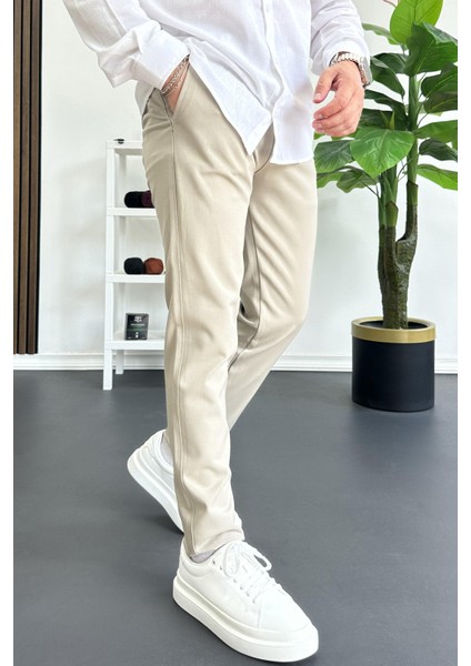 Erkek Beli Düğmeli Pamuklu Dar Kalıp Pantolon Bej EDW364 fiyatları