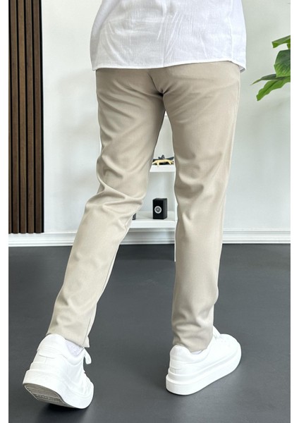 Erkek Beli Düğmeli Pamuklu Dar Kalıp Pantolon Bej EDW364 modelleri