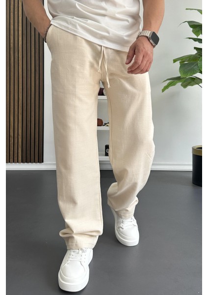 Erkek Beli Lastikli Baggy Kalıp Pantolon Krem EDW356
