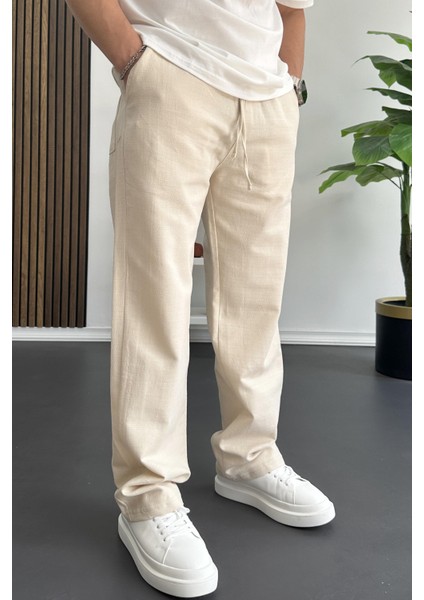 Erkek Beli Lastikli Baggy Kalıp Pantolon Krem EDW356 modelleri