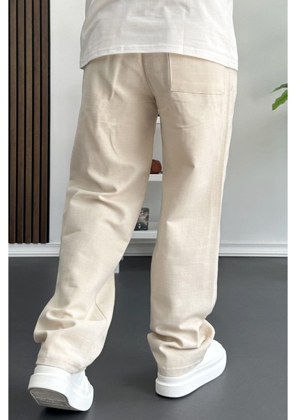 Erkek Beli Lastikli Baggy Kalıp Pantolon Krem EDW356 fırsatları