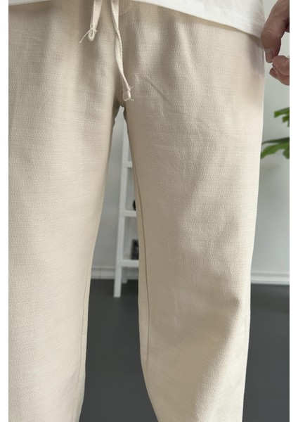 Erkek Beli Lastikli Baggy Kalıp Pantolon Krem EDW356 indirimleri