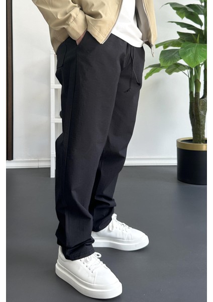 Erkek Beli Lastikli Baggy Rahat Pantolon Siyah EDW359