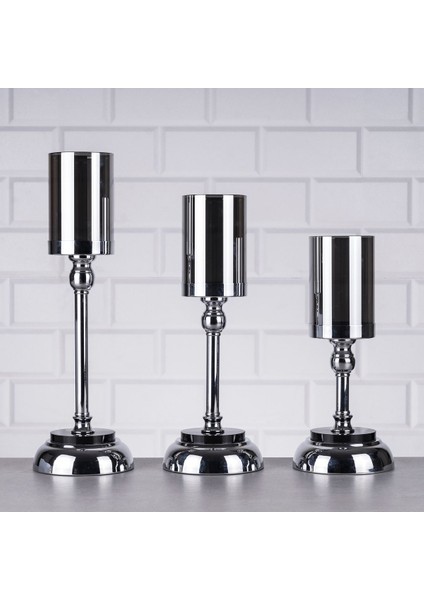 Luxury Elips Taşlı Gümüş 3lü Şamdan Set 23-28-33CM. 1 Adet modelleri