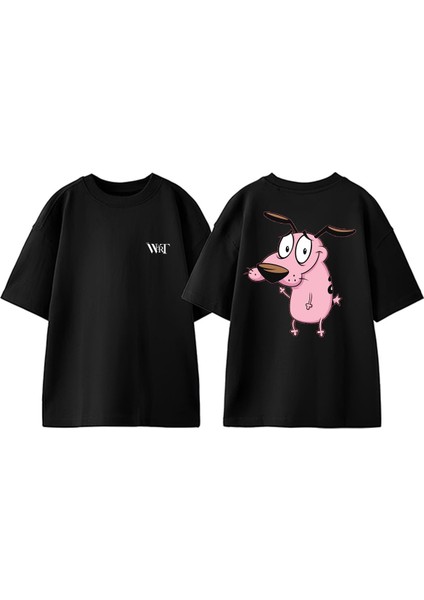 Cesur Korkak Kopek 1 Tasarım Sırt Baskılı Pamuk Siyah Oversize T-Shirt