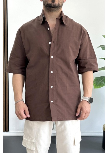 Erkek Oversize Büyük Kalıp Pamuklu Kumaş Kahverengi EDW363
