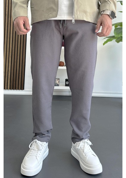 Erkek Beli Lastikli Gofre Kumaş Jogger Pantolon Füme EDW358 modelleri