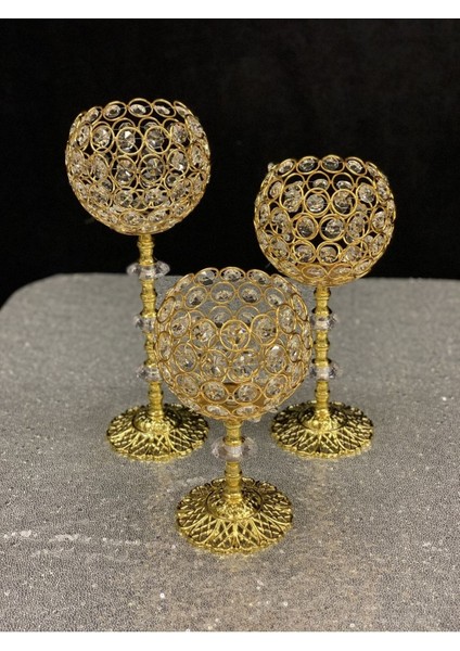Luxury Kristal Taşlı Ayaklı Gold Şamdan 3'lü Set 1 Adet