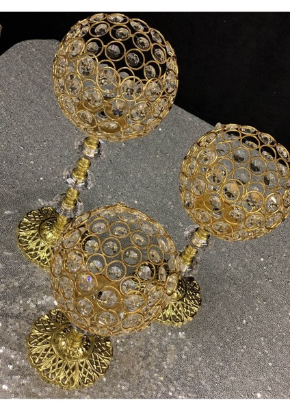 Luxury Kristal Taşlı Ayaklı Gold Şamdan 3'lü Set 1 Adet