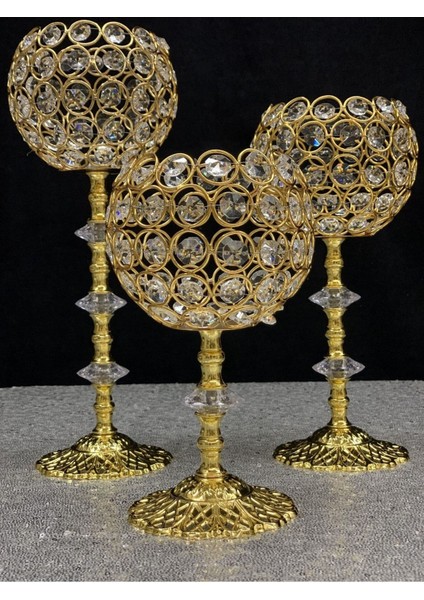 Luxury Kristal Taşlı Ayaklı Gold Şamdan 3'lü Set 1 Adet