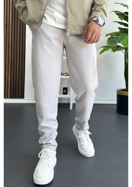 Erkek Beli Lastikli Gofre Kumaş Jogger Pantolon Gri EDW358