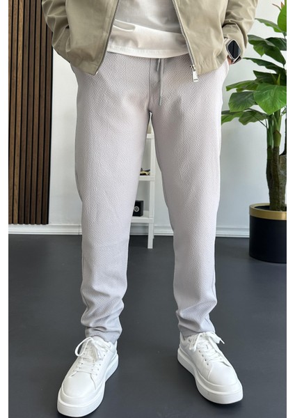 Erkek Beli Lastikli Gofre Kumaş Jogger Pantolon Gri EDW358