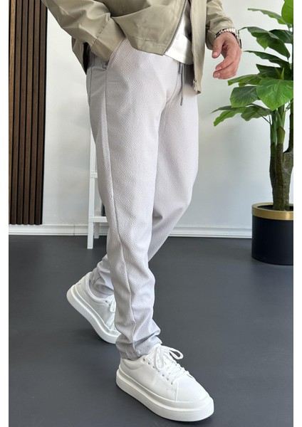 Erkek Beli Lastikli Gofre Kumaş Jogger Pantolon Gri EDW358