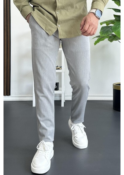 Erkek Beli Düğmeli Pamuklu Dar Kalıp Pantolon Gri EDW364