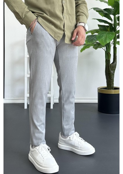 Erkek Beli Düğmeli Pamuklu Dar Kalıp Pantolon Gri EDW364 modelleri