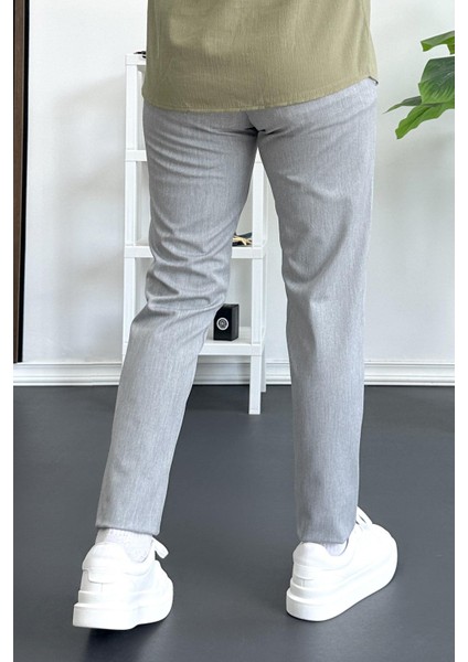 Erkek Beli Düğmeli Pamuklu Dar Kalıp Pantolon Gri EDW364 fırsatları