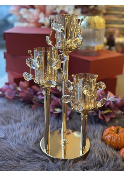 Luxury Gold Kristal Şamdan 3 Lü 1 Adet