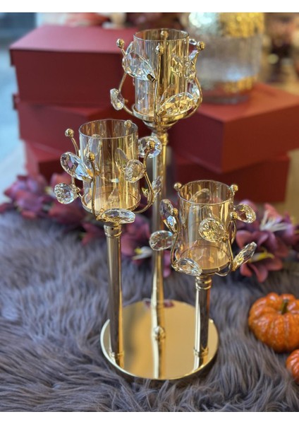 Luxury Gold Kristal Şamdan 3 Lü 1 Adet