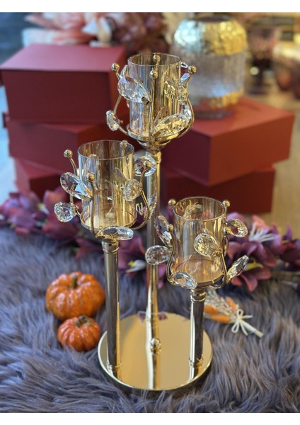 Luxury Gold Kristal Şamdan 3 Lü 1 Adet