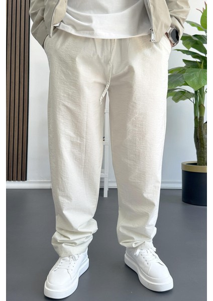 Erkek Beli Lastikli Baggy Rahat Pantolon Krem EDW359
