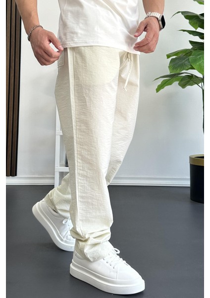 Erkek Beli Lastikli Baggy Rahat Pantolon Krem EDW359 modelleri
