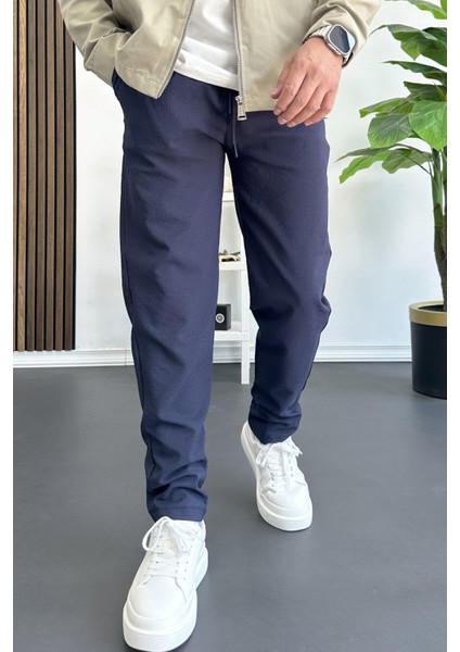 Erkek Beli Lastikli Gofre Kumaş Jogger Pantolon Lacivert EDW358