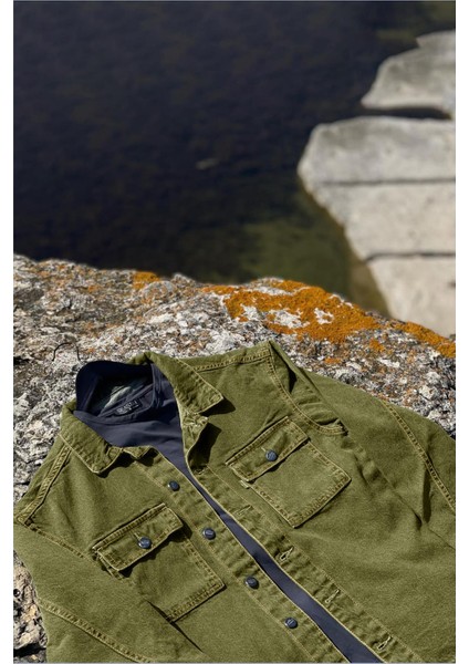 Erkek Slim Fit Denim Kot Gömlek Ceket Haki EDW012