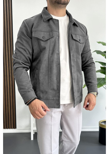 Erkek Slim Fit Cepli Nubuk Ceket Füme EDW081
