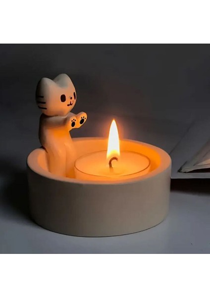 Luxury Kedi Tasarımlı Seramik Mumluk, El Yapımı, Tea Light, Tealight 1 Adet