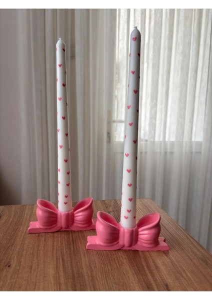 Luxury 2'li Pembe Fiyonk Şamdan Seti , Kalpli Doğal Soya Mumu , Amber Kokulu 1 Adet
