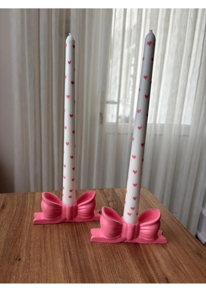 Luxury 2'li Pembe Fiyonk Şamdan Seti , Kalpli Doğal Soya Mumu , Amber Kokulu 1 Adet