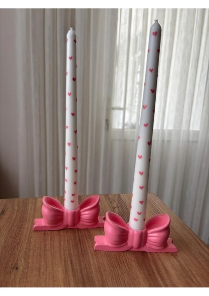 Luxury 2'li Pembe Fiyonk Şamdan Seti , Kalpli Doğal Soya Mumu , Amber Kokulu 1 Adet